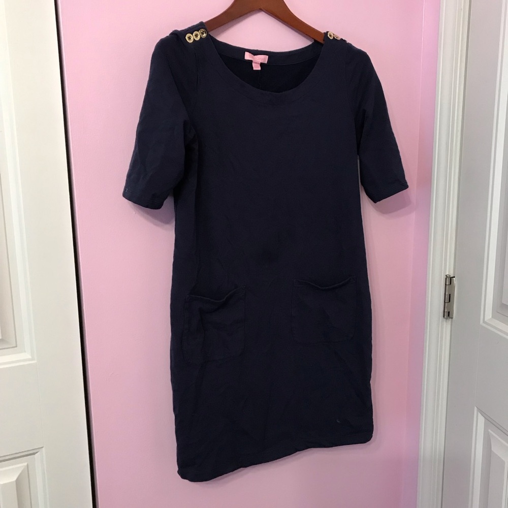 Lilly Pulitzer Lilah Navy Blue Gold Buttons Shift Dress size Medium